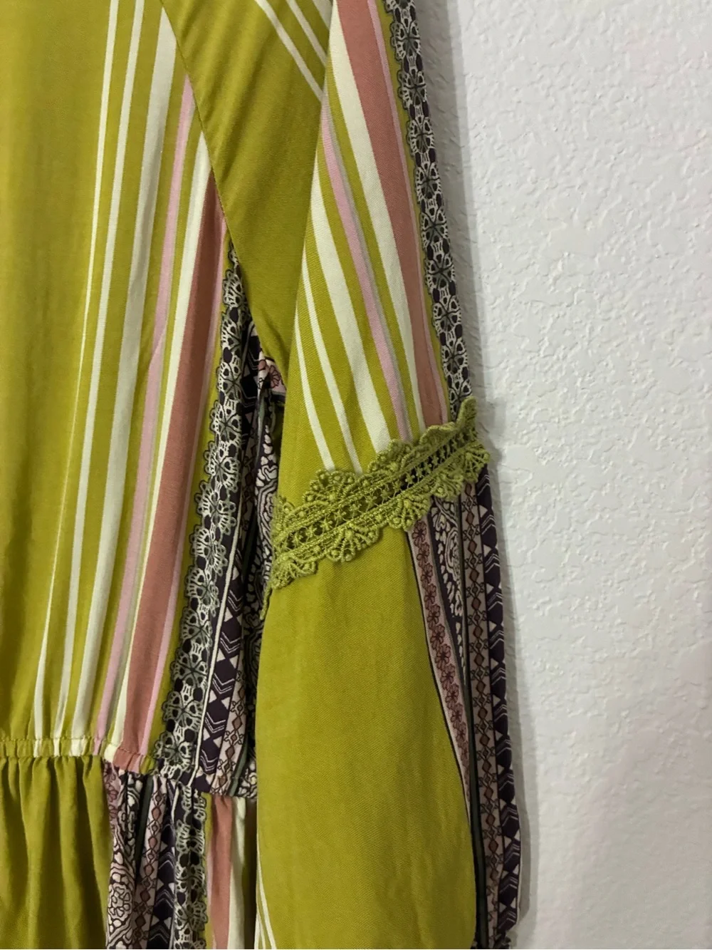 Mystree Boho Peplum Blouse Small Olive Green Striped Lace Trim Rayon Cottagecore